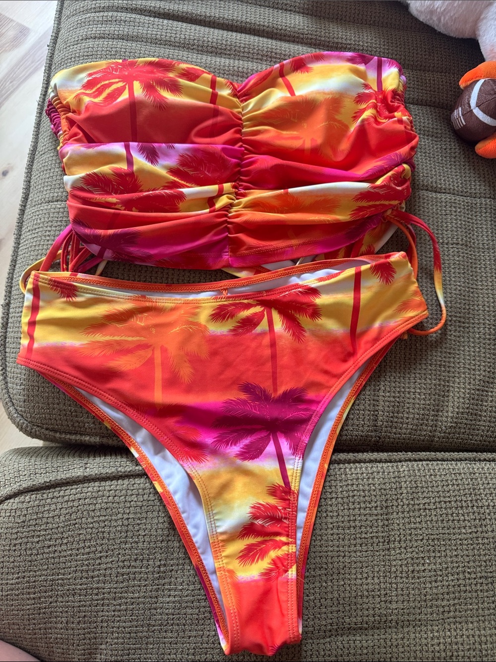 Fashion Nova Tropical Palm Print Bandeau Bikini in Orange, Pink, Yellow